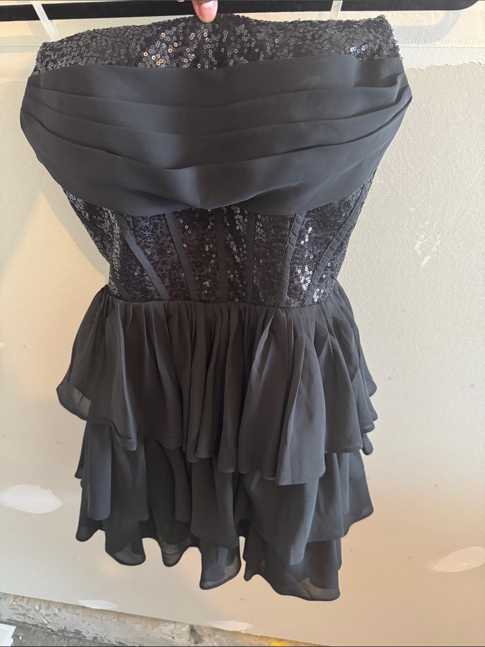 Strapless Black Sequin Tiered Cocktail Dress perfect for prom or opening number
